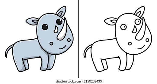 Rhino Icon Cartoon. Rhinoceros Symbol Vector Kids Coloring Book