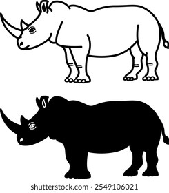 Iconos de rinoceronte. Ilustración vectorial en blanco y negro. Grande Mamífero. Rinoceronte con cuerpo masivo, extremidades gruesas y cuerno en hocico. Para el diseño de libros para colorear. Concepto animal