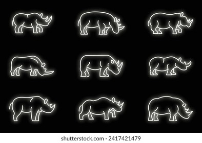 Rhino icons set. Outline set of rhino vector icons neon color on black