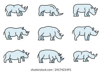 Rhino icons set. Outline set of rhino vector icons thin line color flat on white