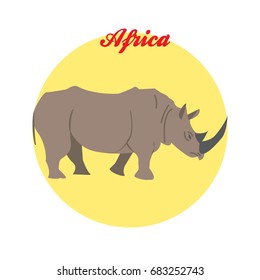 Rhino illustration on the background of the circle with the inscription Africa. Vector.