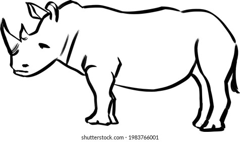 Rhino ink painting, African rhinoceros Wild animal on white background. Engraved hand drawn line art Vintage old monochrome sketch, ink. Vector illustration for label. safari symbol.