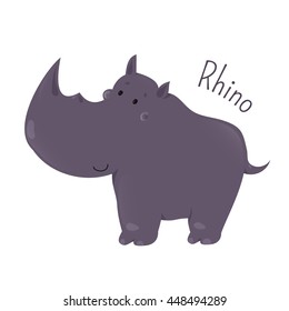 Rhino isolated. Rhinoceros. One of five species of odd-toed ungulates in the family Rhinocerotidae. Part of series of cartoon savannah animal species. Sticker for kids. Child fun pattern icon. Vector