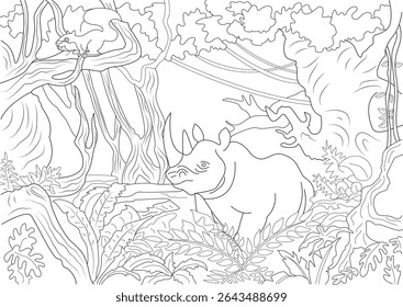 Rhino in Jungle Line Art Illustration for Coloring Book, Black and white line art illustration featuring a rhinoceros amidst dense jungle foliage with trees, vines, and ferns. A small animal,