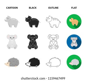 Rhino, koala, panther, hedgehog.Animal set collection icons in cartoon,black,outline,flat style vector symbol stock illustration web.