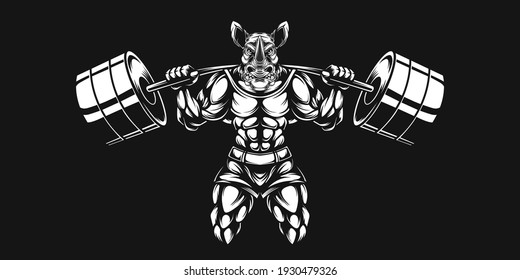 rhino lifting large barbell, premium black and white vector