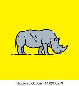 Rhino line icon. African White rhinoceros symbol isolated on yellow background. Wild safari animal. Vector illustration. 