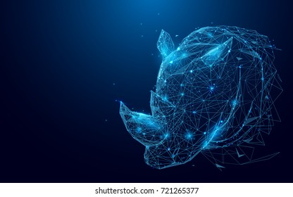 Rhino from lines and triangles, point connecting network on blue background. Illustration vector