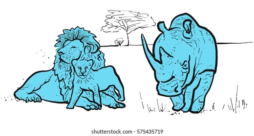 Rhino and lions illustration, hand-drawn vector clipart