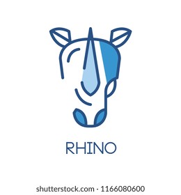 Rhino logo design, blue label, badge or emblem with head of rhinoceros animal vector Illustration on a white background