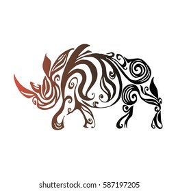 Rhino made of floral elements on a white background. Vector illustration. It works well as a tattoo, icon, logo, seal or talisman. The concept of animals.