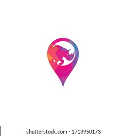 Rhino and map pointer logo design. Rhino and gps icon. Modern, anger.
