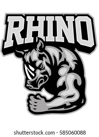rhino mascot showing his muscle arm