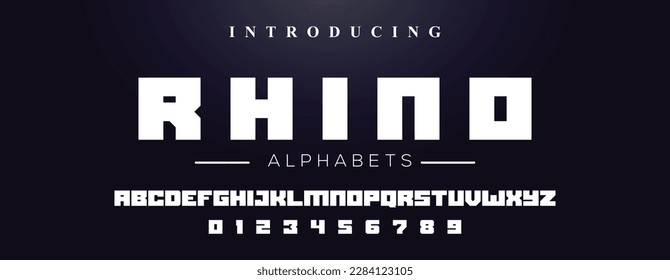 RHINO minimal tech font letter set. Luxury vector typeface for company. Modern gaming fonts logo design.