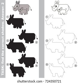 Rhino Mother and her baby to find the correct shadow, the matching educational kid game to compare and connect objects and their true shadows, simple gaming level for preschool kids.