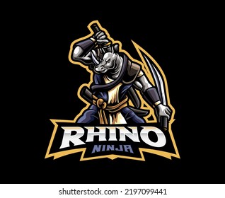 Rhino ninja mascot logo design. Rhinoceros shinobi vector illustration. Logo illustration for mascot or symbol and identity, emblem sports or e-sports gaming team