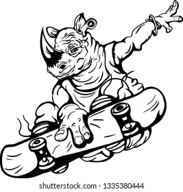 Rhino on a skateboard, black stroke on white.
