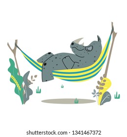 Rhino on a white background. Rhino in hammock. Rhino in the summer. Rhino cartoon vector