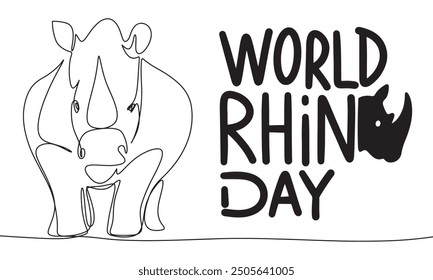 Rhino one line continuous. World Rhino Day text lettering. Hand drawn vector art