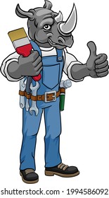 A rhino painter decorator cartoon animal mascot holding a paintbrush