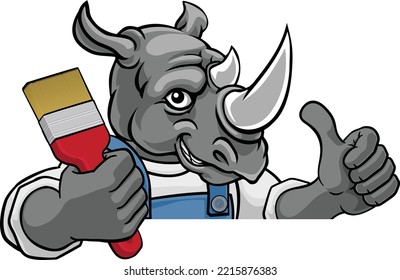 A rhino painter decorator cartoon animal mascot holding a paintbrush peeking around a sign and giving a thumbs up