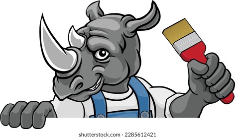 A rhino painter decorator cartoon animal mascot holding a paintbrush peeking around a sign