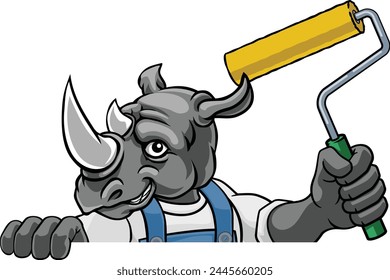 A rhino painter decorator handyman cartoon construction man mascot character holding a paint roller tool