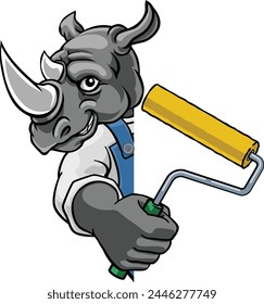 A rhino painter decorator handyman cartoon construction man mascot character holding a paint roller tool