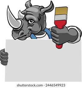 A rhino painter decorator handyman cartoon construction man mascot character holding a paint brush tool