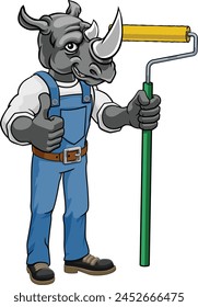 A rhino painter decorator handyman cartoon construction man mascot character holding a paint roller tool