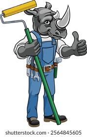 A rhino painter decorator handyman cartoon construction man mascot character holding a paint roller tool