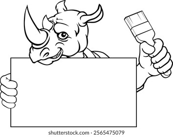 A rhino painter decorator handyman cartoon construction man mascot character holding a paint brush tool