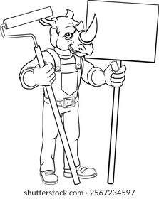 A rhino painter decorator handyman cartoon construction man mascot character holding a paint roller tool