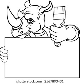 A rhino painter decorator handyman cartoon construction man mascot character holding a paint brush tool