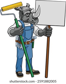 A rhino painter decorator handyman cartoon construction man mascot character holding a paint roller tool