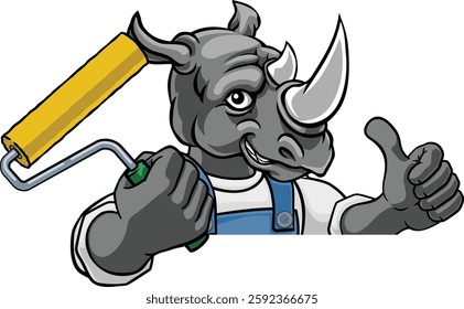 A rhino painter decorator handyman cartoon construction man mascot character holding a paint roller tool