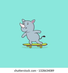 Rhino Playing Skateboard Cute Animal Cartoon Vector