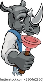 A rhino plumber cartoon mascot holding a toilet or sink plunger