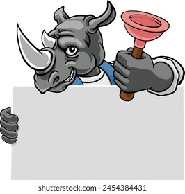 A rhino plumber handyman plumbing construction cartoon mascot man holding a drain plunger tool.