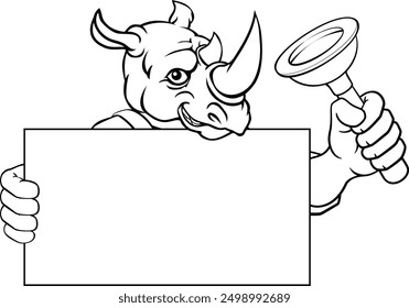 A rhino plumber handyman plumbing construction cartoon mascot man holding a drain plunger tool.