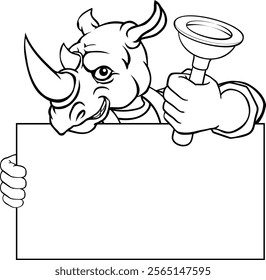 A rhino plumber handyman plumbing construction cartoon mascot man holding a drain plunger tool.