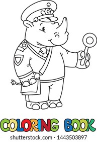 Rhino railroader. Animal Alphabet R for kids. Coloring book of little funny Rhinoceros in peaked cap in uniform of railroader. Children vector illustration. Animal with profession ABC