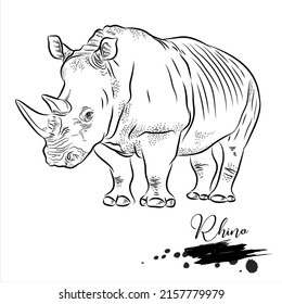 Rhino, realistic animal sketch, vector illustration