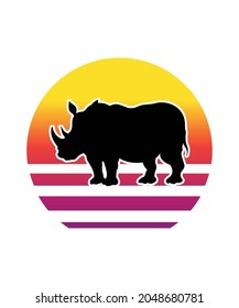 Rhino Retro Sunset Design template. Vector design template for logo, badges, t-shirt, POD and book cover. Isolated white background.