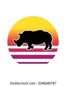 Rhino Retro Sunset Design template. Vector design template for logo, badges, t-shirt, POD and book cover. Isolated white background.