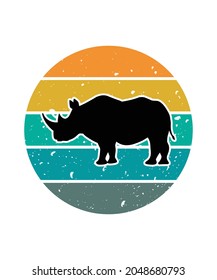 Rhino Retro Sunset Design template. Vector design template for logo, badges, t-shirt, POD and book cover. Isolated white background.