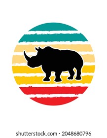 Rhino Retro Sunset Design template. Vector design template for logo, badges, t-shirt, POD and book cover. Isolated white background.