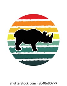 Rhino Retro Sunset Design template. Vector design template for logo, badges, t-shirt, POD and book cover. Isolated white background.