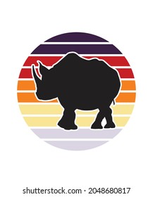 Rhino Retro Sunset Design template. Vector design template for logo, badges, t-shirt, POD and book cover. Isolated white background.