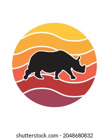 Rhino Retro Sunset Design template. Vector design template for logo, badges, t-shirt, POD and book cover. Isolated white background.